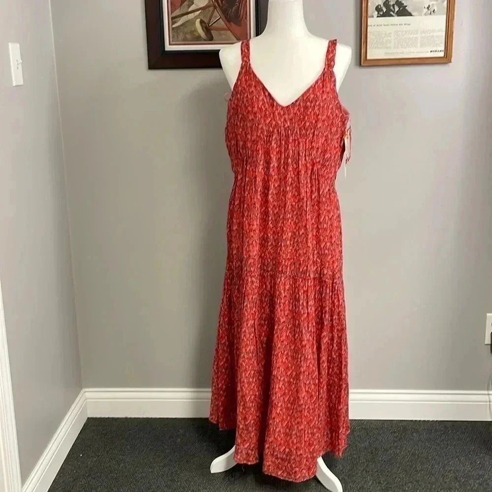 NWT Joie Bondi Abstract Red Pink Print Midi Dress Medium Womens Summer Sundress